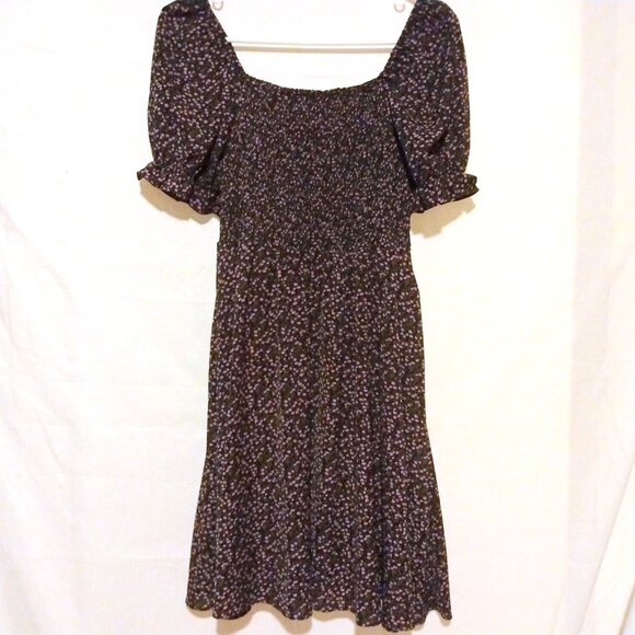 Shein Black Floral Puff Sleeve Smocked Dress L Cottagecore Coquette Feminine - Picture 5 of 10